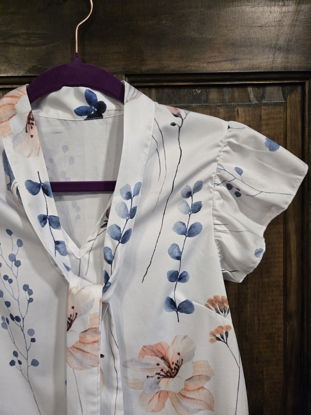 SHEIN White Floral Tie-Neck Blouse with Blue and Peach Flowers - Picture 4 of 4